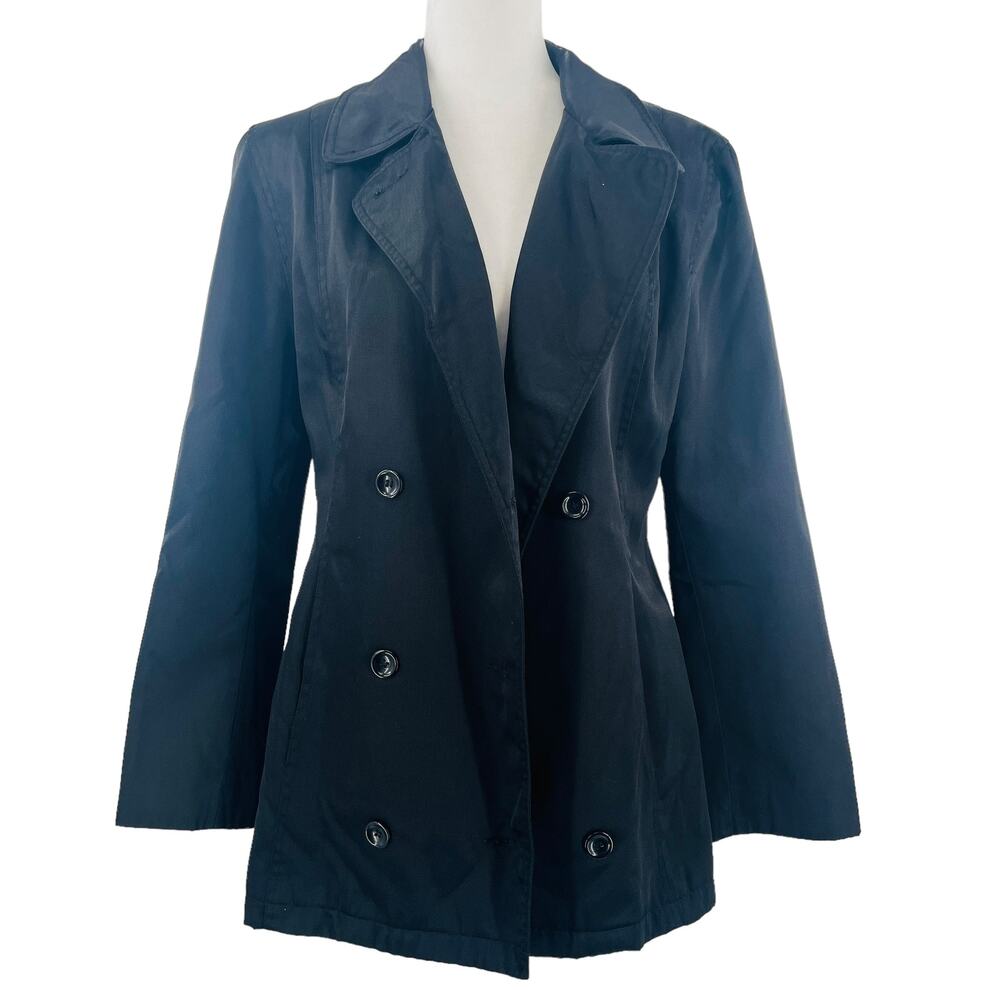Izzi Activewear Black Nylon Double Breasted Classic Basic Pea Jacket Coat M